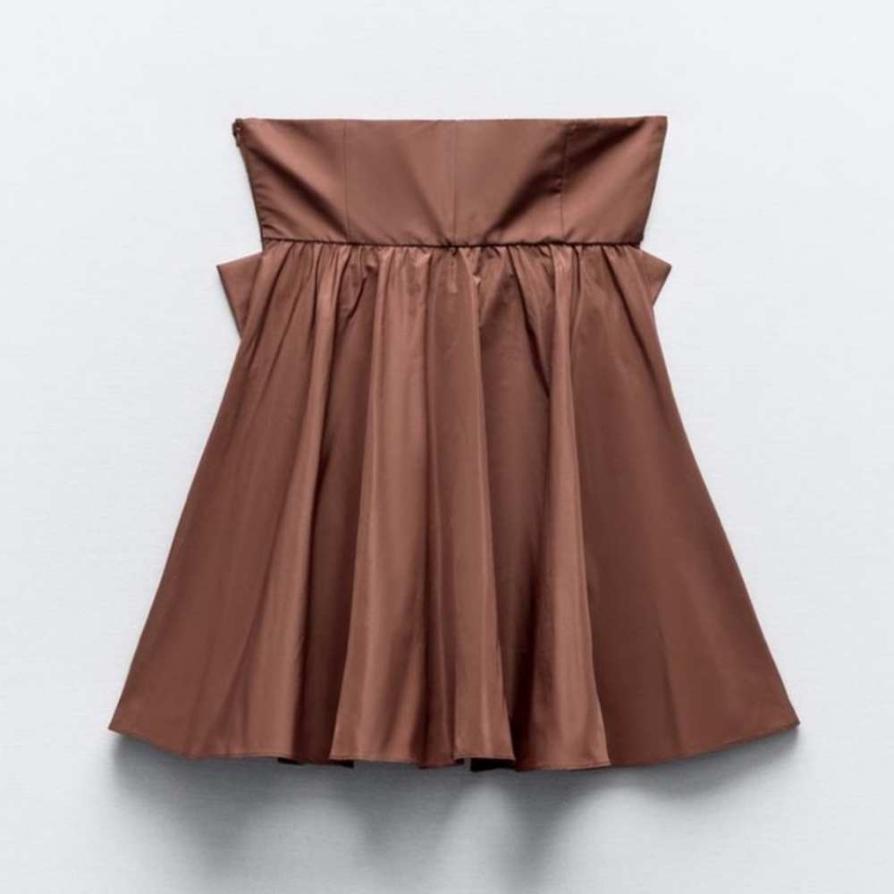 Zara * Bow Mini Dress Brown Size L - Picture 15 of 16